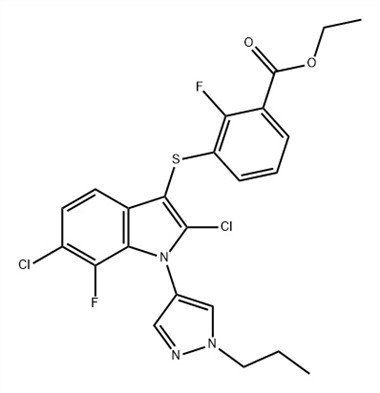 Asid Benzoig, 3-[[2,6-dichloro-7-fflworo-1-(1-propyl-1H-pyrazol-4-yl )-1H-indol-3-yl]thio]-2-fluoro-, Ethyl Ester (ACI) Rhif CAS: 1782070-79-4